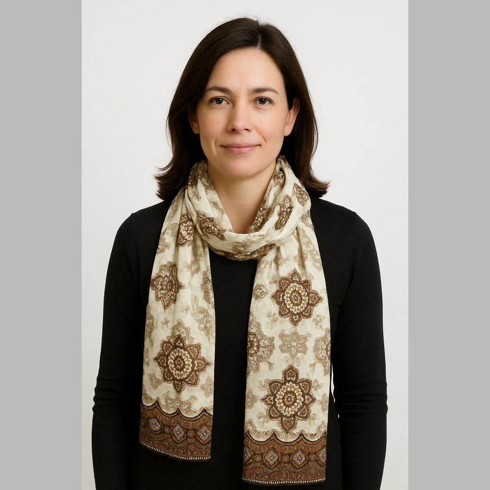 Cejon Beige Brown Floral Paisley Scarf 9 x 30